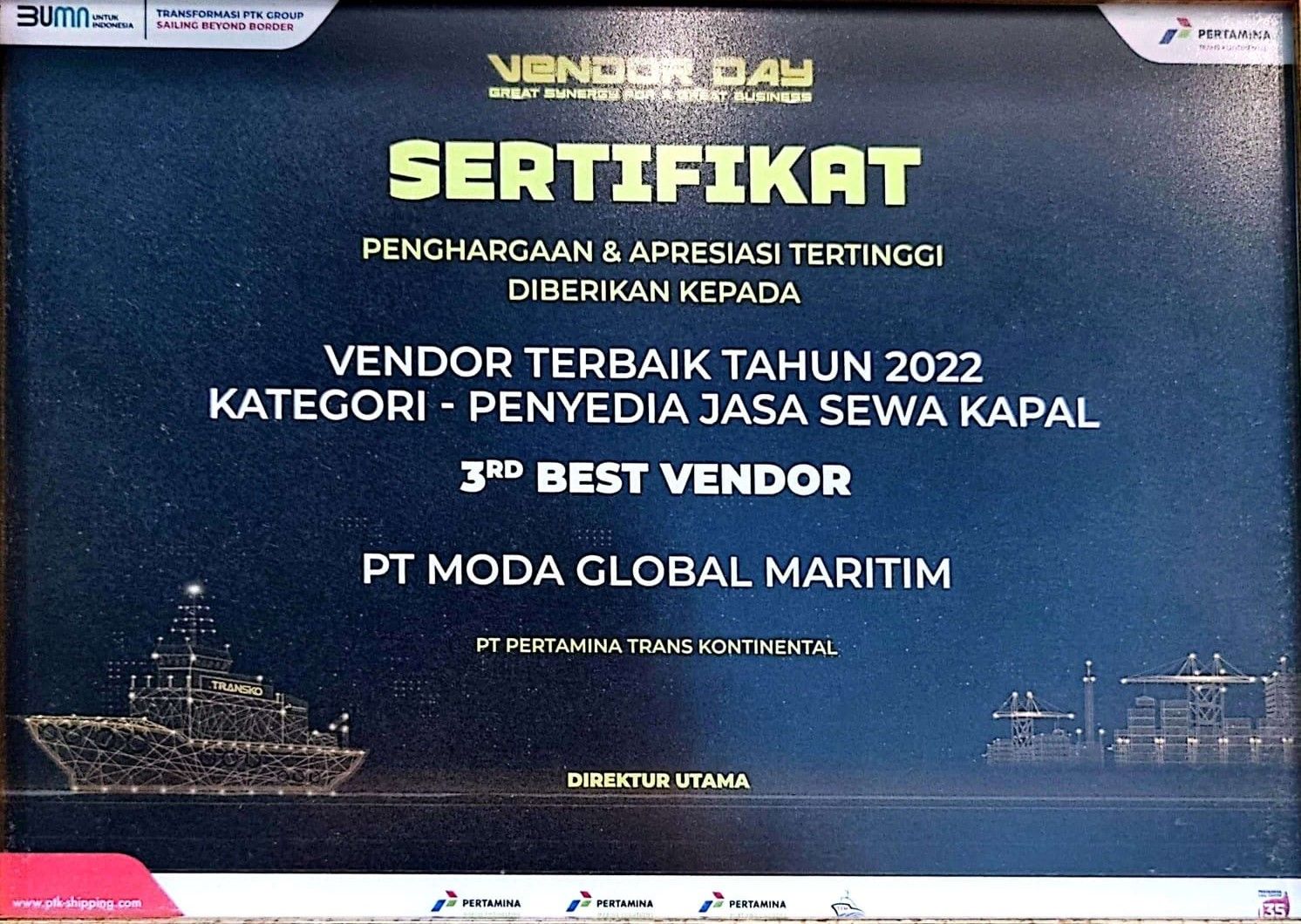 Vendor Terbaik Tahun 2022 Kategori - Penyedia Jasa Sewa Kapal [3rd Best Vendor] 2022