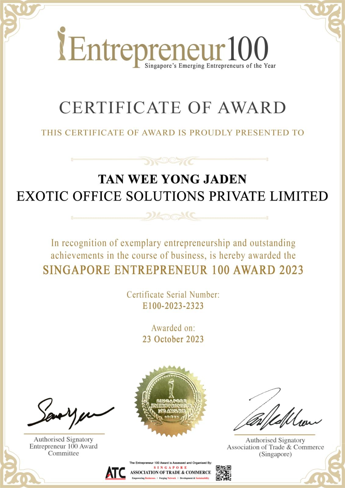 Entrepreneur 100 Award 2023