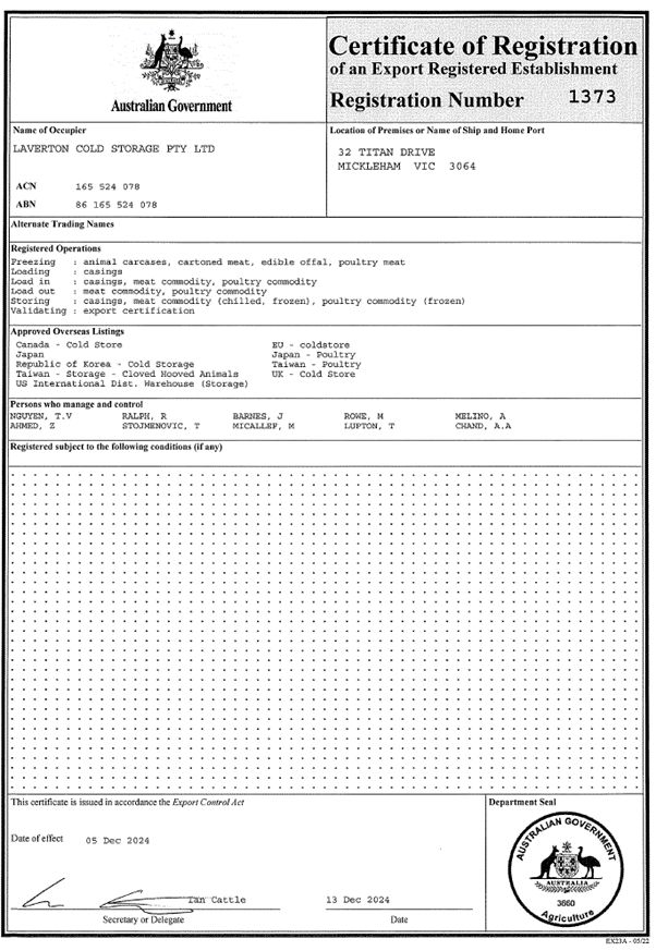 Registered Export establishment-Department of Agriculture, Fisheries & Forestry 2024