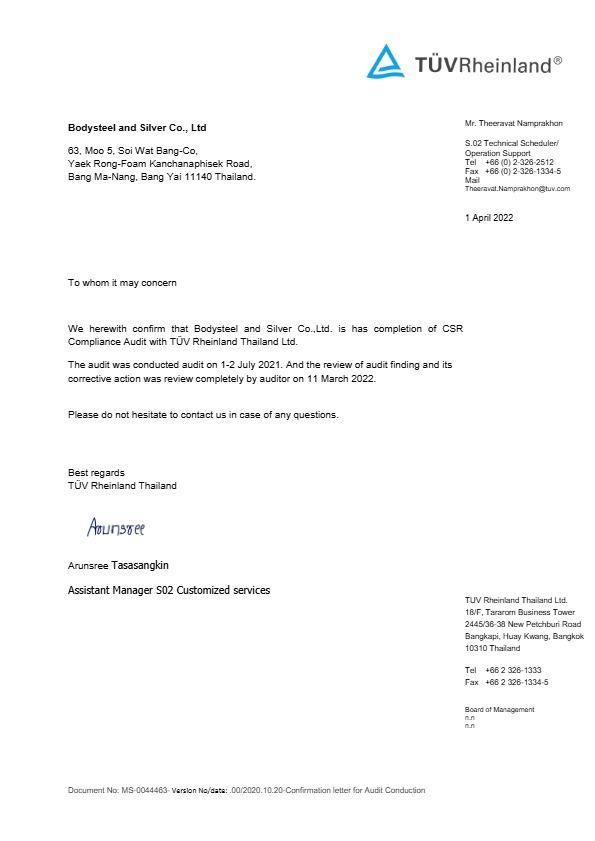 CSR Compliance Audit with TÜV Rheinland Thailand Ltd. 2022