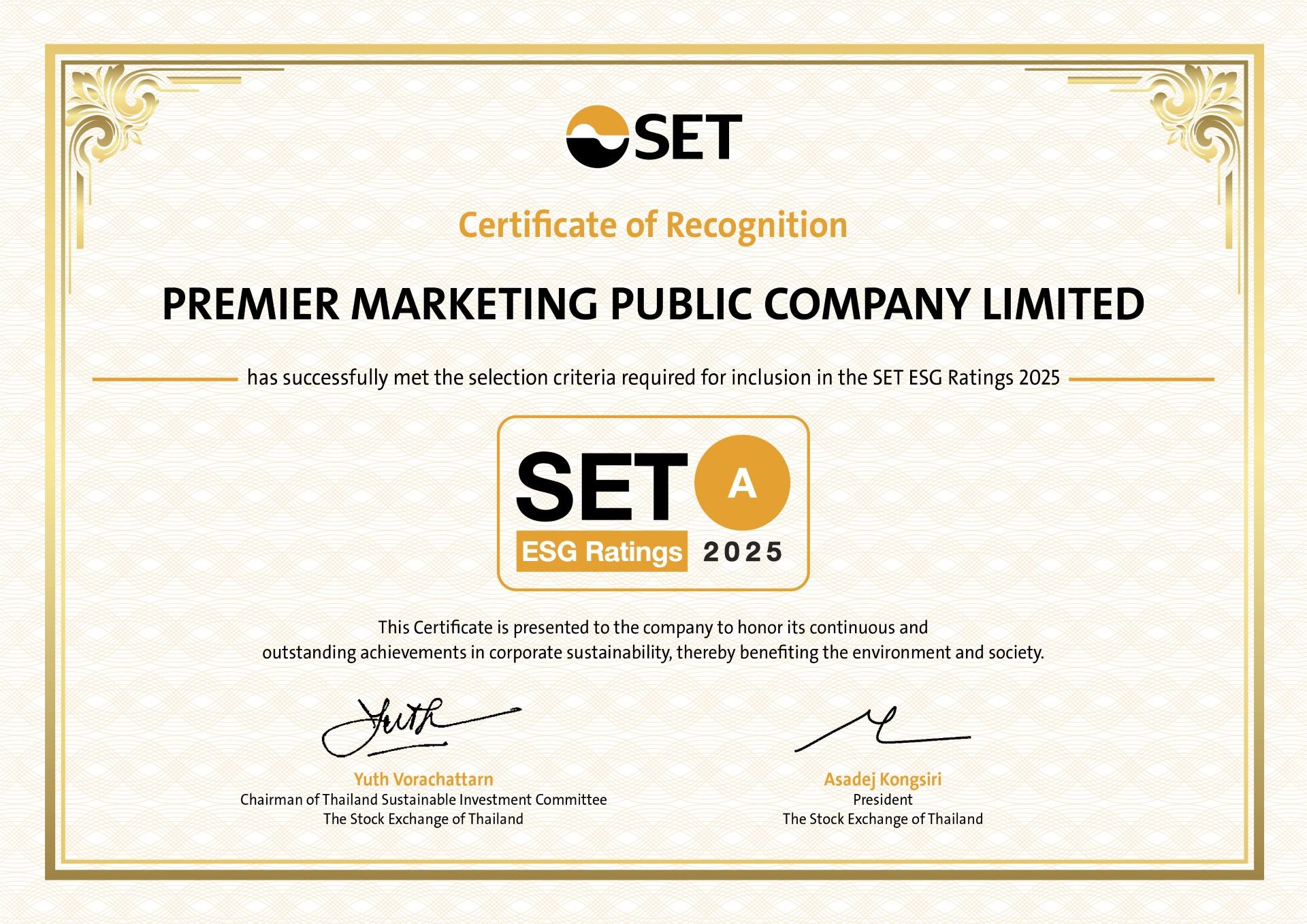 SET ESG Ratings "A" 2025