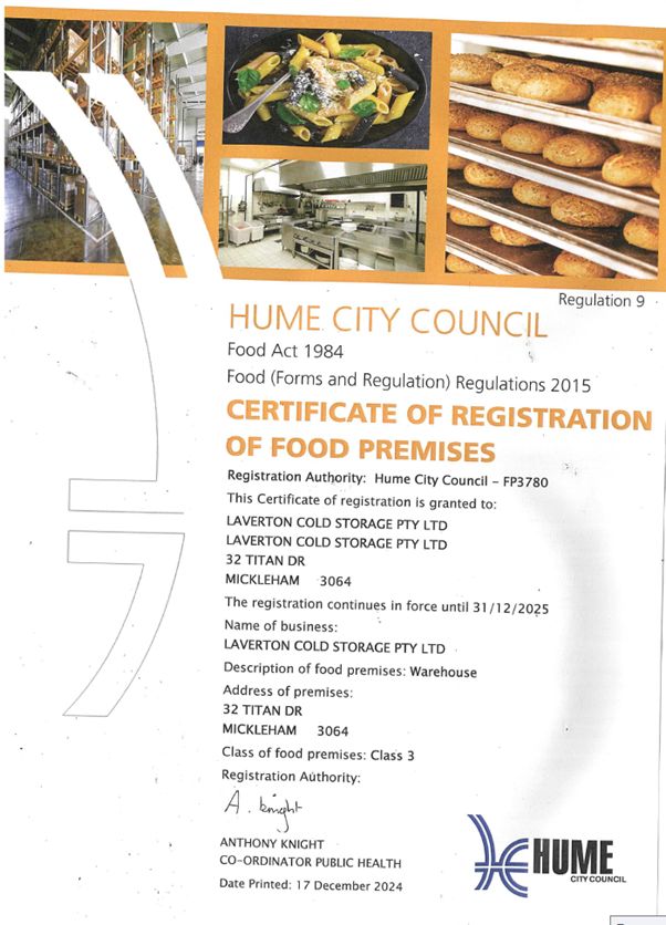 Certificate of Registered Food Premises 2024