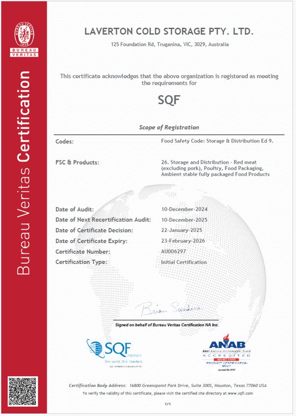 SQF Certified [Global Food Safety and Quality Certification] 2024