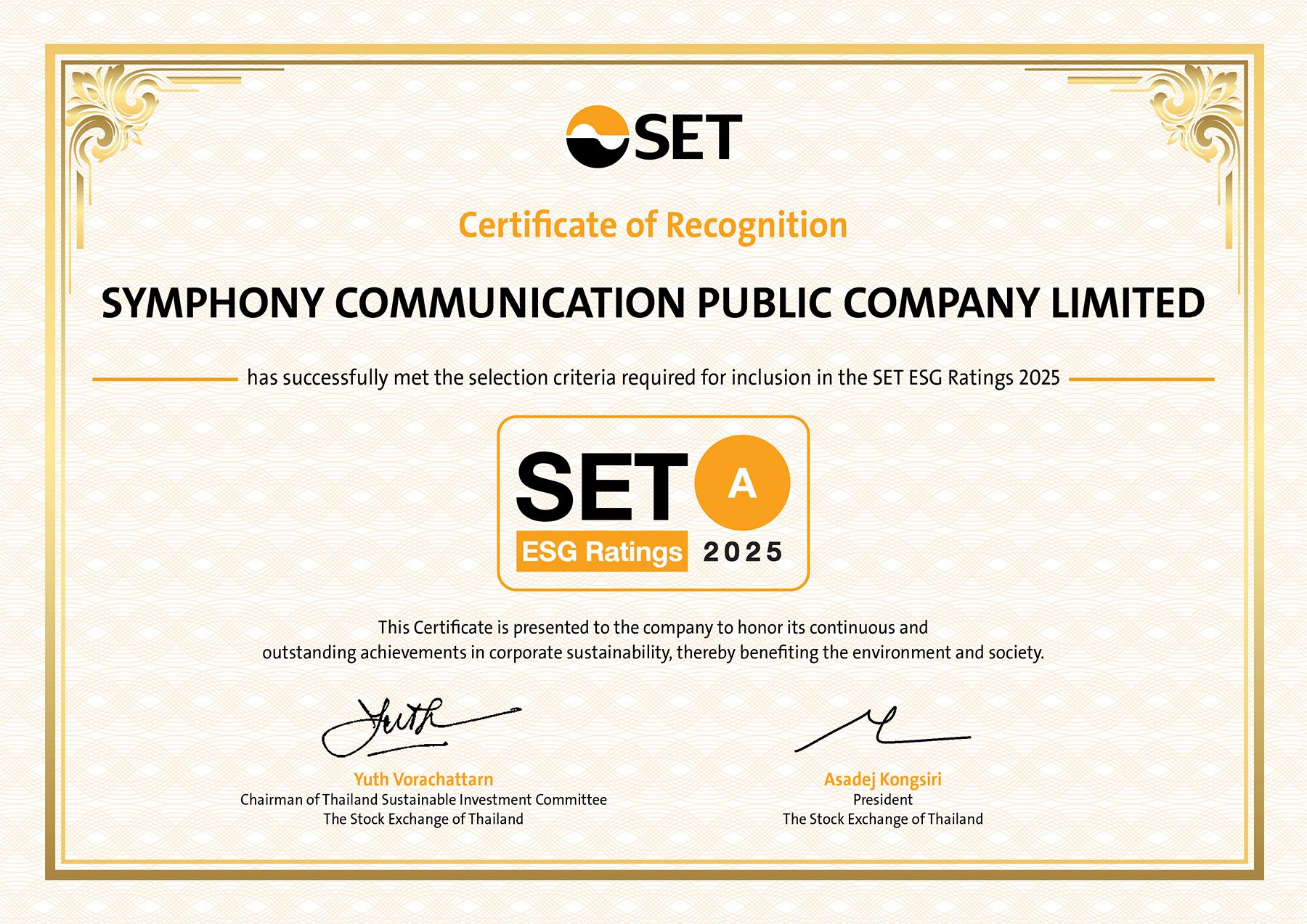 “A” Rating in the SET ESG Ratings 2025