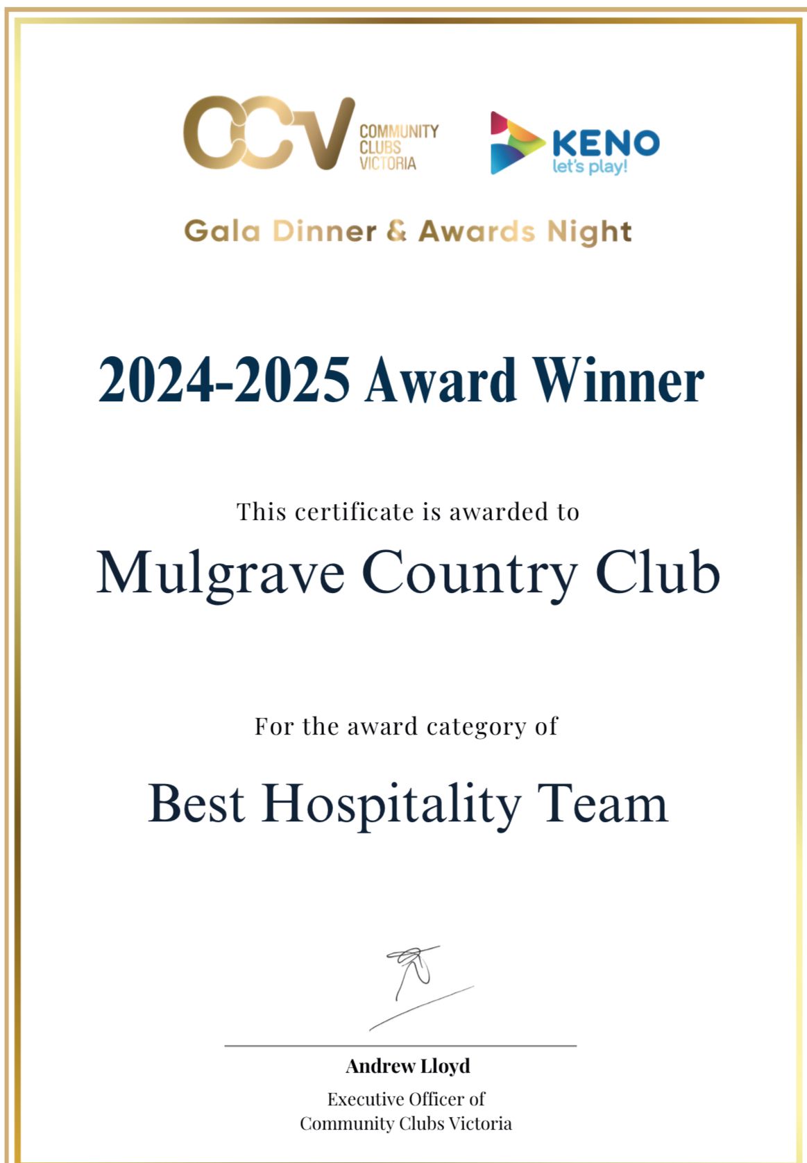 CCV 2024-2025 Award Winner Best Hospitality Team 2025