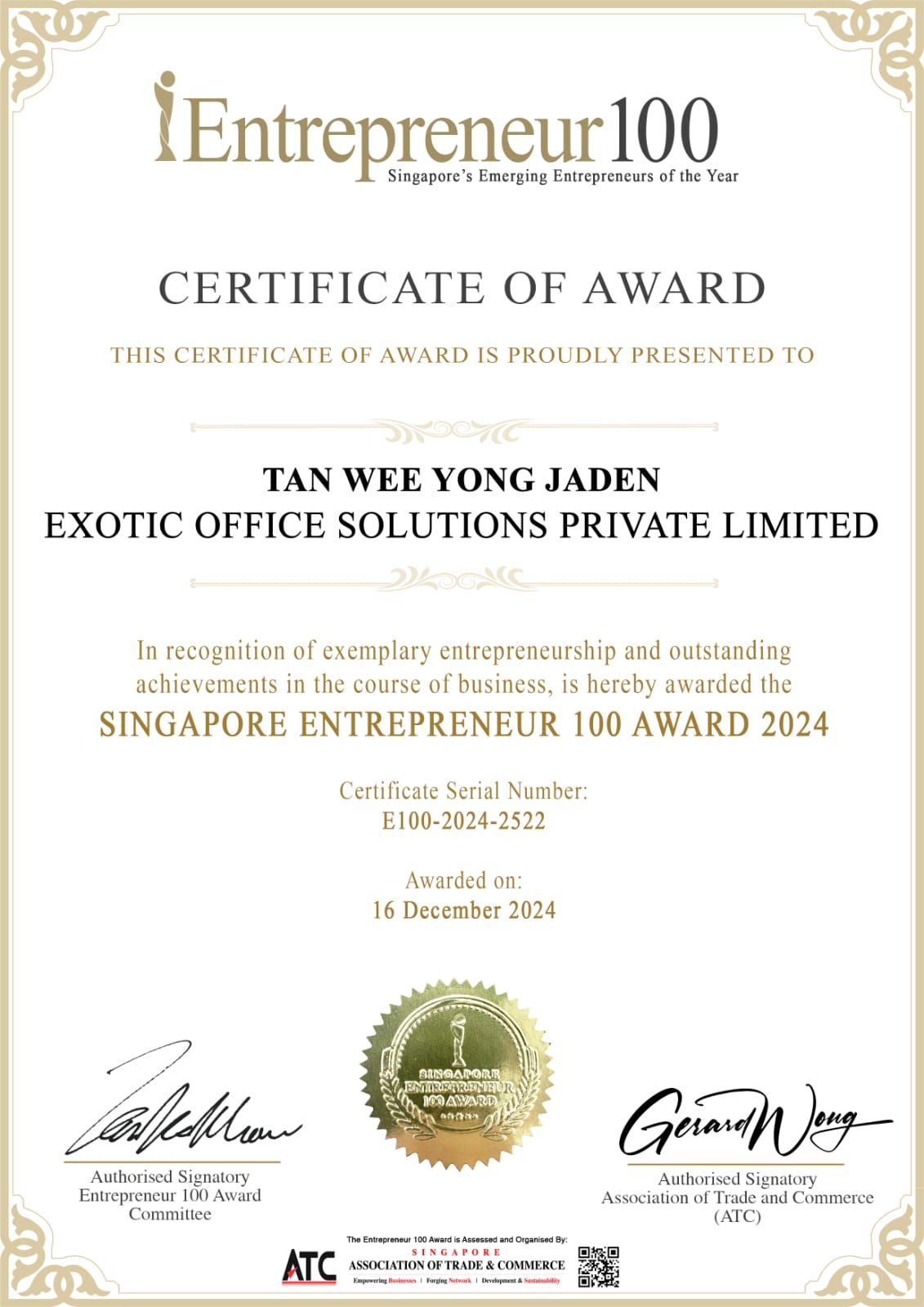 Entrepreneur 100 Award 2024