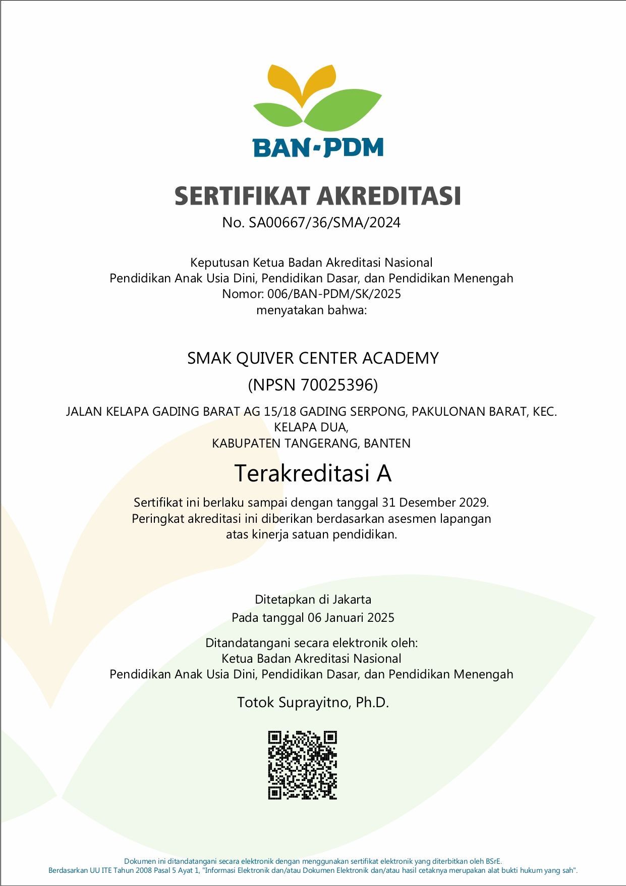 SMAK Quiver Center Academy terakreditasi A oleh BAN-PDM 2025
