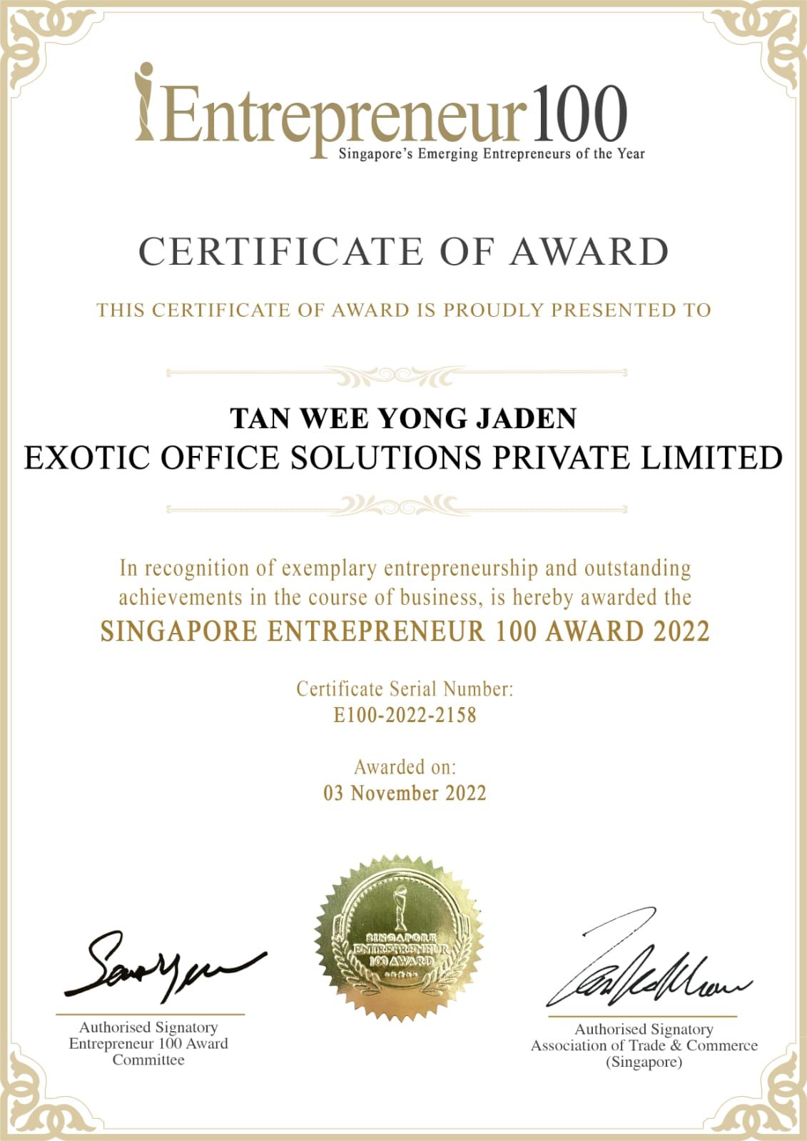 Entrepreneur 100 Award 2022