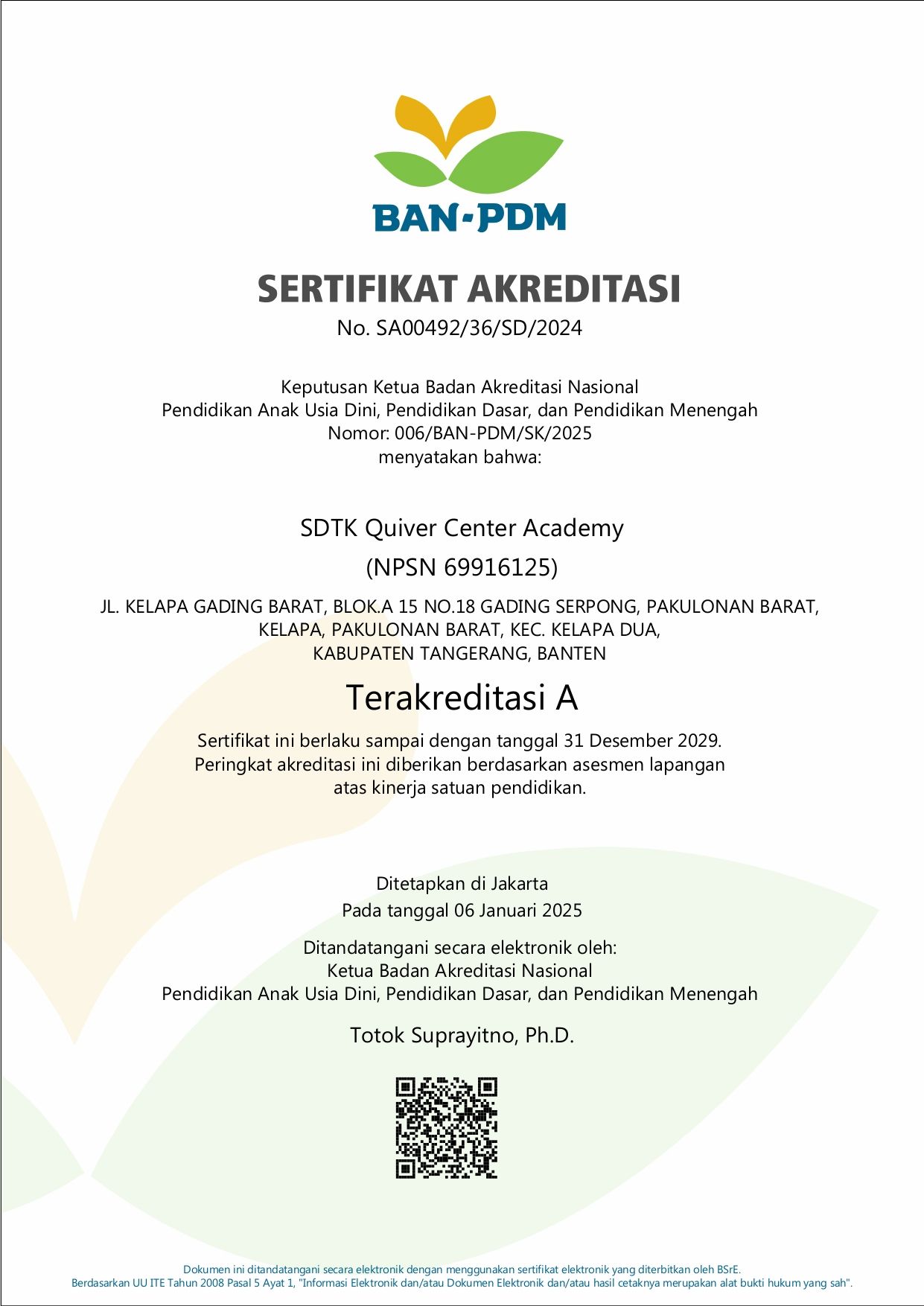 SDTK Quiver Center Academy terakreditasi A oleh BAN-PDM 2025
