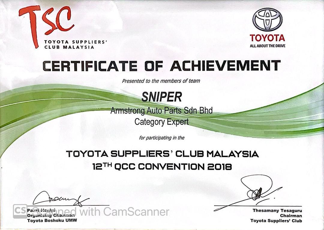 Certificate of Achievement - Toyota Supplies Club Malaysia 2018