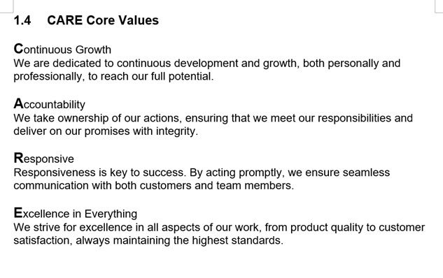 Company's culture and value information