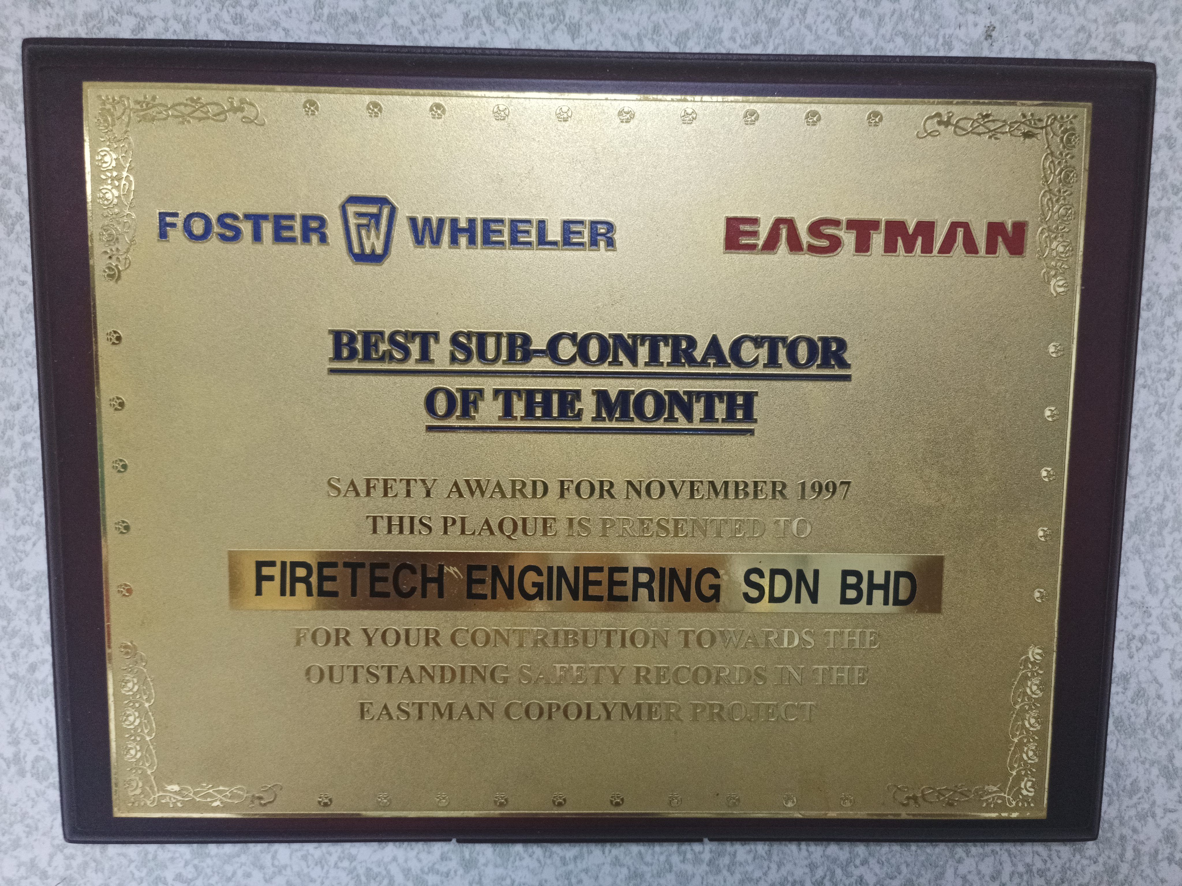 Best Sub-Contractor of the Month by Foster Wheeler 1997